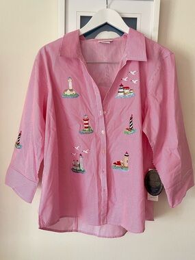 Tia Designs Button Down Stripe Embroidered Lighthouse Shirt Blouse Top XL New